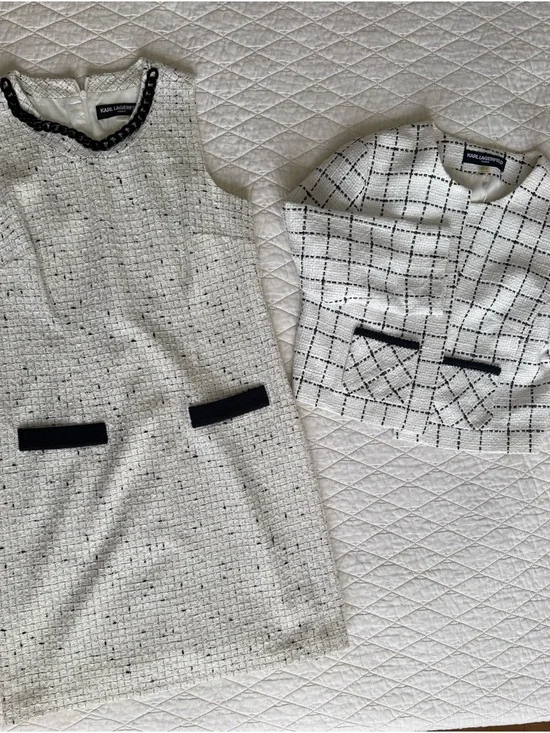 Karl Lagerfeld Tweed Dress Suit Set Size 8 Black White Chanel Style - Picture 7 of 8